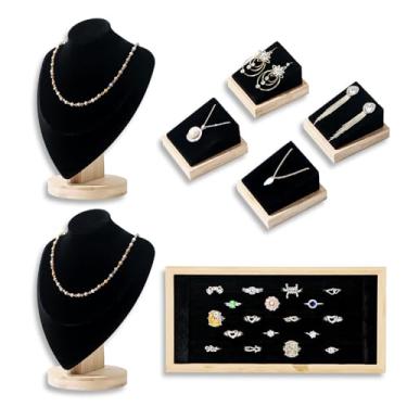 Imagem de KunGe 7 peças/conjunto de exibição de joias para vendedores com suporte de bambu, suporte de exibição de colar de veludo organizador de brincos de anel de bambu (preto)