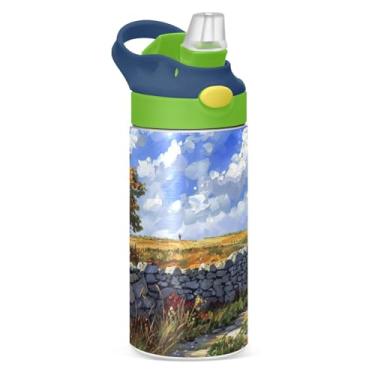 Imagem de Blueangle Garrafa de água doméstica camponesa isolada de aço inoxidável de 350 ml com tampa de canudo - Garrafa esportiva reutilizável à prova de vazamento para viagens, ao ar livre #166