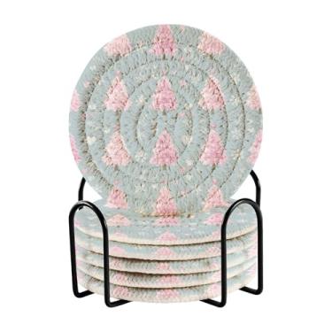 Imagem de Blueangle Porta-copos de árvore de Natal rosa de 6 peças - tecido redondo super absorvente para proteção de mesa e decoração de casa (245)