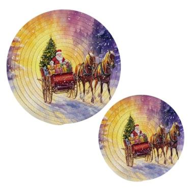 Imagem de Blueangle 2 peças de suporte de panela de trivet de rena de Papai Noel - conjunto de pegadores de panela de tecido redondo - almofadas quentes trançadas de algodão - porta-copos - tapetes de mesa para