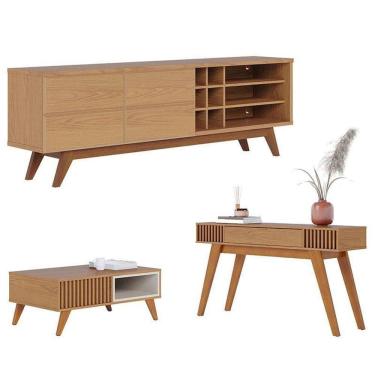 Imagem de Rack Bancada Noronha 1.8 Com Aparador Riviera Freijó E Mesa De Centro Jeri Freijó Off White – Colibri