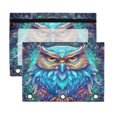 Imagem de Blueangle Bolsa de lápis de coruja neon para fichário de 3 anéis, pacote com 2 bolsas de lápis com janela transparente com zíper para escritório (329)
