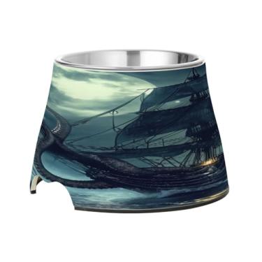 Imagem de Blueangle Tigelas elevadas para cães com aço inoxidável – Prato antiderrapante de 2,3 xícaras para animais de estimação de alta capacidade para saúde da coluna e design de navio pirata (280)