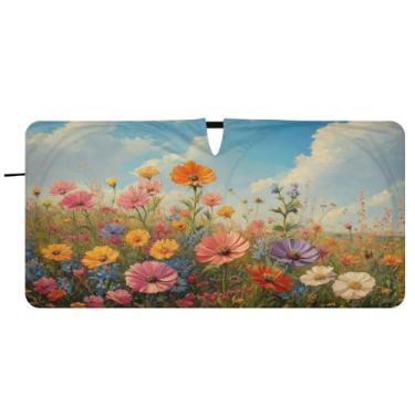 Imagem de Blueangle Pára-brisas com pintura a óleo de flores silvestres - 149.9 cm x 76.2 cm dobrável carro janela frontal blocos para-sol raios UV viseira de sol (557)