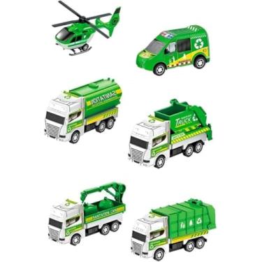 Imagem de Brinquedo Educativo Infantil – 6 Mini Veículos, Carrinhos, Helicóptero e Caminhão de Lixo 3+ (Verde)