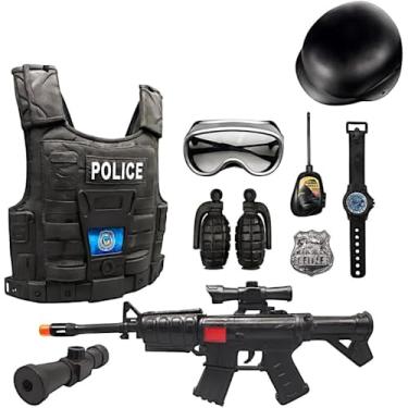 Imagem de Kit Roupa de Fantasia Policial Infantil - Conjunto 9 peças com Colete Tático Realista, Rifle com Mira, 2 Granadas, Distintivo, Capacete, Óculos, Rádio Comunicador e Bússola, Preto