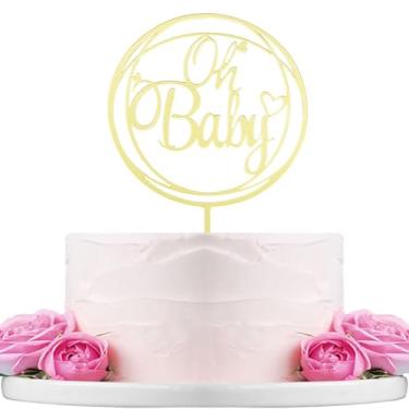 Imagem de Topo de bolo Oh Baby, acrílico dourado espelhado, decoração de chá de bebê com destaque de coração