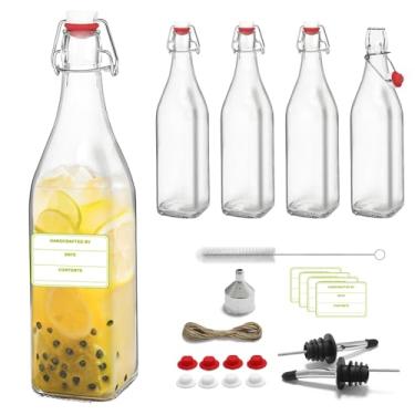 Imagem de Pacote com 4 [1 litro / 975 ml] Garrafas de vidro com tampa giratória hermética para kombucha, cerveja, vinho, kefir, refrigerante, licor - Inclui funil, 2 dosadores, 8 selos, 4 etiquetas e barbante