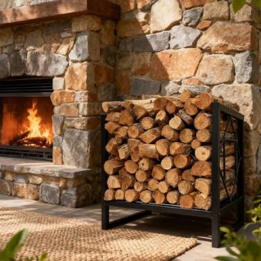 Imagem de MegaChoice Rack pequeno para lenha ao ar livre, suporte de madeira de metal preto resistente, suporte quadrado decorativo para fogueira, fogão a lenha, acessórios internos/externos