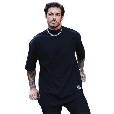 Imagem de Camiseta Oversized Gola Alta Lisa Básica Streetwear Confortavel Masculina Preto-Masculino