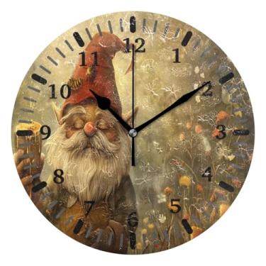 Imagem de CEBUGI 1 relógio de parede Gnomo 1 relógio redondo operado por bateria relógios de parede silenciosos sem tique-taque para cozinha, banheiro, quarto, escritório, decoração 25,4 cm