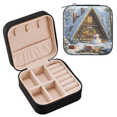 Imagem de Wassud Lindo boneco de neve e casa, estojo de joias de viagem para mulheres, meninas, senhoras, noiva, mini organizador de joias de couro PU, caixa quadrada de armazenamento de joias para brincos