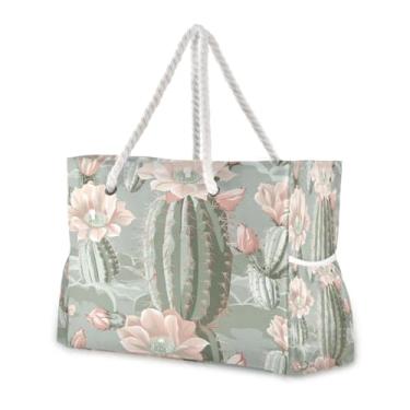 Imagem de Wassud Bolsa de praia com flor de cacto, grande, bolsa de praia para mulheres, impermeável, à prova de areia, bolsa de viagem com zíper e bolso para piscina, academia, acampamento