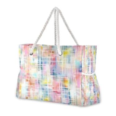 Imagem de Wassud Bolsa de praia abstrata em aquarela xadrez, grande, para mulheres, impermeável, à prova de areia, bolsa de viagem com zíper e bolso para piscina, academia, acampamento