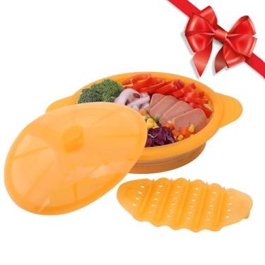 Imagem de Panela de cozimento a vapor de micro-ondas tigela dobrável - panela de silicone com alça para legumes, preparação de peixes, comida de refeição com rack removível sem BPA, fácil de armazenar, pode ser lavada no freezer e na lava-louças