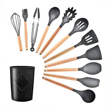 Imagem de Conjunto de Utensílios Cozinha 11PCS com Suporte Armazenamento Silicone Cabo Madeira Panelas Antiaderentes
