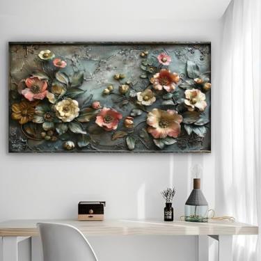 Imagem de Arte de parede em tela rústica em relevo floral - Pôster sem moldura de 30 x 61 cm - Decoração de casa e escritório para sala de estar, quarto, cozinha e café
