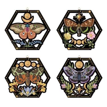 Imagem de CHDITB 4 peças de arte de parede de borboleta de mariposa vintage de madeira, caprichosa Dark Academia floral botânica corte a laser placa de pendurar oco, gótico temperamental estrelas bruxas, fase