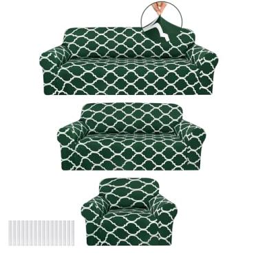 Imagem de Peryiter Conjunto de 3 capas de sofá para sala de estar para sofá e sofás, capa de poltrona, protetor de móveis, elástico, sem rugas (verde escuro)