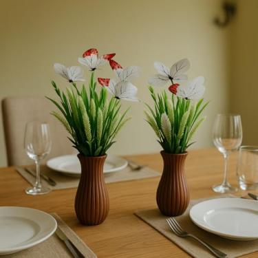Imagem de Arranjo de Flores Artificiais com Borboletas Decorativas, Plástico, 40cm de Altura, Kit com 2 Unidades, Decoração para Vasos e Festas