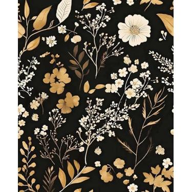 Imagem de Laatse Papel de parede floral dourado branco vintage folha preta papel de contato para quarto banheiro vinil impermeável autoadesivo removível locatário dormitório papel de parede 44,5 cm x 299,7 cm