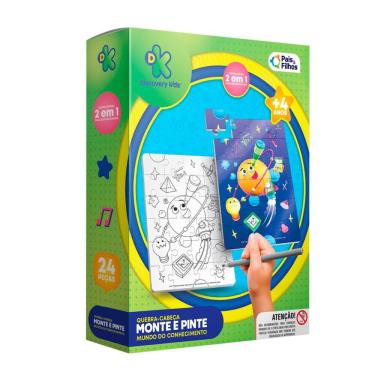 Imagem de Quebra-Cabeça Discovery Kids 2 em 1 Monte e Pinte Mundo do Conhecimento Pais e Filhos 4+ Anos 24 Peças