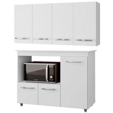 Imagem de Balcão Multiuso 3 Portas E Armário Aéreo 4 Portas Luni Branco - MOBLIS