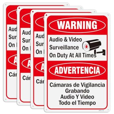 Imagem de Pacote com 4 - Placa bilíngue de vigilância de áudio e vídeo em serviço em todos os momentos" | Alumínio de 30,5 x 20,3 cm