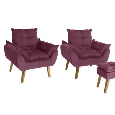 Imagem de Kit 02 Poltrona Decorativa Confortável Com Puff Glamour Opala Com Pés Quadrado Vinho