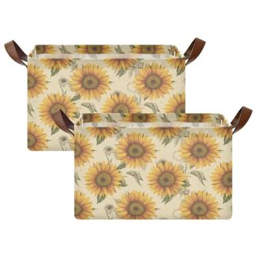 Imagem de Cestos de armazenamento de roupas com alças, grande caixa de armazenamento para organização e quarto de armazenamento 17 x 29 x 25 cm, girassóis, amarelo, bege, pacote com 2