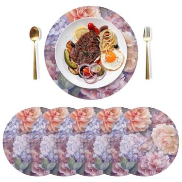 Imagem de Jogo americano de jantar com flores de peônia pastel, 38 cm, jogo americano para mesa redonda, jogo americano resistente ao calor, conjunto de 6