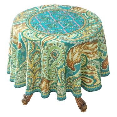 Imagem de bilin gaier Toalha de mesa redonda de linho de 139 cm, resistente a amassados, estampa verde francesa com Froal, toalha de mesa de costura decorativa para Ação de Graças, Natal, sala de jantar, casa