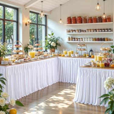 Imagem de Saia de mesa de cetim branca de 3,5 m com elastano brilhante para mesa retangular/redonda, plissada, saia de mesa, sem rugas, para cozinha doméstica, festa de aniversário, dormitório, decoração de