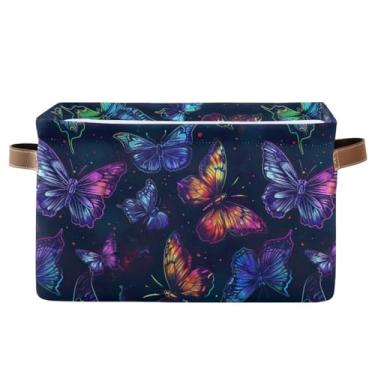 Imagem de Organizador de roupas retangular de tecido – Caixas de armazenamento decorativas dobráveis e dobráveis para banheiro, roupas coloridas borboleta neon 1 pacote