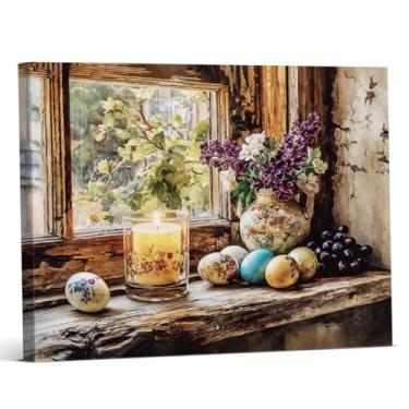 Imagem de Ovos vintage Páscoa Impressão de arte de parede de ovos florais rústicos pintura em tela decoração de parede de Páscoa para casa fazenda sala de estar 20 x 25 centímetros emoldurado