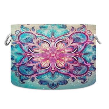 Imagem de Wassud Cestos de armazenamento de tecido de lona redonda mandala colorida com alças, caixas de armazenamento de animais de pelúcia cesta de lavanderia para roupas cobertores de toalha, 50 x 35 cm