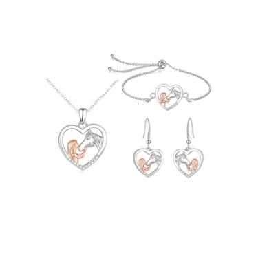 Imagem de Conjunto de joias de cavalo em forma de coração, prata e ouro rosa, colar e brincos com detalhes de cristal, corrente de 45 + 5 cm