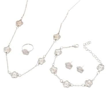 Imagem de FLORA Conjunto de colar, pulseira brincos e anel conjunto de colar com trevo de cinco folhas moderno e versátil para mulheres (Prata)