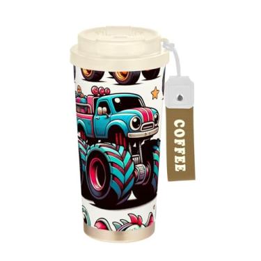 Imagem de Caneca de viagem de café 40 ml com canudo e tampa, caneca de café de aço inoxidável à prova de vazamento para escritório, escola, festa, acampamento, caminhões monstro de desenho fofo