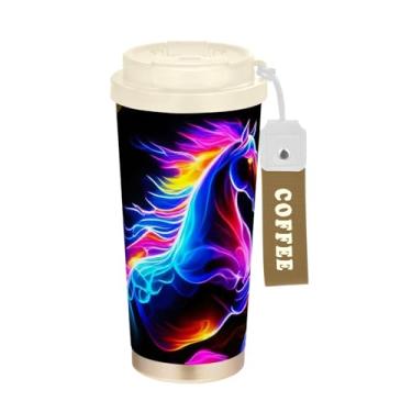 Imagem de TSENQUE Copo de café de 473 ml com tampa de canudo e filp, copo de café de aço inoxidável isolado a vácuo à prova de vazamento, cavalo colorido brilhante preto