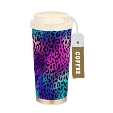 Imagem de TSENQUE Copo de café de 473 ml com canudo e tampa de enchimento, copo de café de aço inoxidável à prova de vazamento para escritório, escola, festa, acampamento, pele de leopardo, preto, rosa, roxo