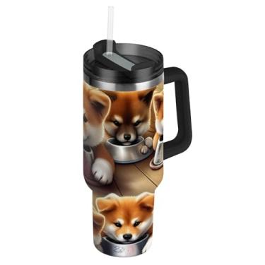 Imagem de Joisal Cute Akita Inu Puppies Dogs Tumblers com tampa e canudo grande copo com alça 850 g garrafas de água isoladas carros de aço inoxidável xícara de café bebida quente
