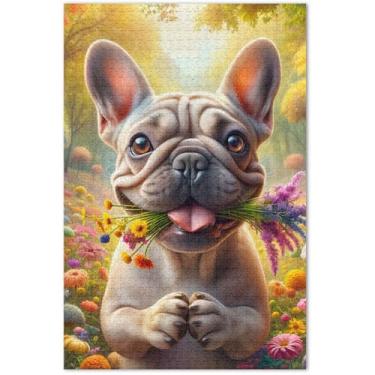Imagem de Bulldog Quebra-cabeça floral animal fofo 1000 peças adultos elefantes brancos presentes divertido quebra-cabeça de desenho animado, 75 x 40 centímetros