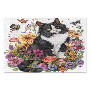 Imagem de Quebra-cabeça fofo com flores de gato e borboletas, 1000 peças, quebra-cabeça para adultos com letras nas costas
