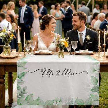 Imagem de HunnmingRe Toalha de mesa branca de casamento de 111 x 187 cm, placa de Sr. e Sra. Placa de mesa de linho rústico, decoração de mesa de casamento, decoração de mesa para mesa, jantar, suporte de