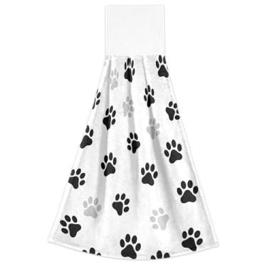 Imagem de Pata de cachorro preta cinza toalhas de cozinha brancas com laço para pendurar conjunto de 2 toalhas de banho macias absorventes decoração de cozinha moderna, 46 x 35 centímetros