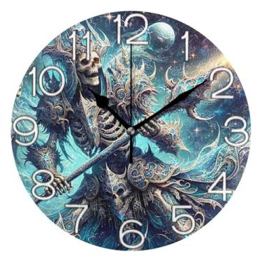 Imagem de GAIGEO Relógio de parede analógico decorativo relógio de cozinha rústico redondo sem tique-taque silencioso, decoração de parede moderna sala de estar legal caveira King, 25 cm, ponteiros pretos