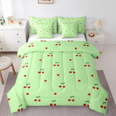 Imagem de Erosebridal Jogo de cama infantil casal, cereja vermelha, 7 peças, estampa de cereja fofa, conjunto de cama com estampa de cereja fofa em uma bolsa, conjunto de cama inclui edredom, conjunto de lençol