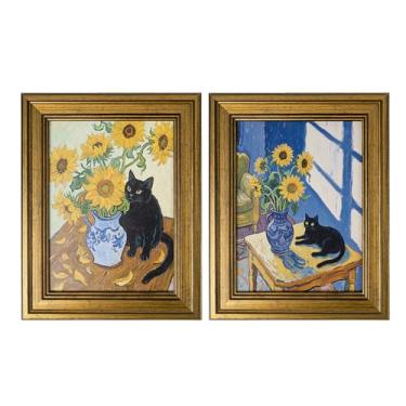 Imagem de AELS Arte de parede vintage emoldurada dourada para sala de estar, impressão de pintura em tela de gato preto com girassóis, decoração de casa inspirada em Van Gogh, arte de parede estética para