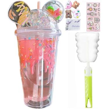 Imagem de windyswag Copos de viagem de orelha de biscoito com canudos, sorriso, donut, gelo, bebidas, garrafa de água, caneca de café infantil, copo de plástico reutilizável, presente de aniversário (rosquinha